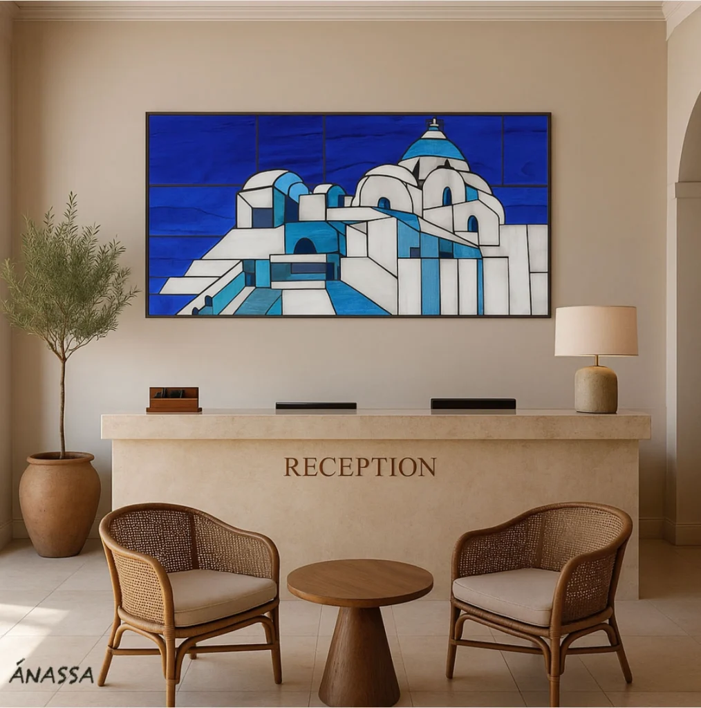 Διακοσμητικό πάνελ σε reception ξενοδοχείου εμπνευσμένο από κυκλαδίτικη αρχιτεκτονική